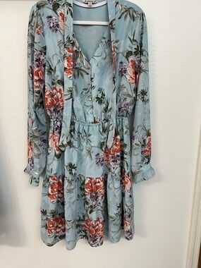 Nanette Lepore Light Blue Floral Tie-Neck Tiered Dress